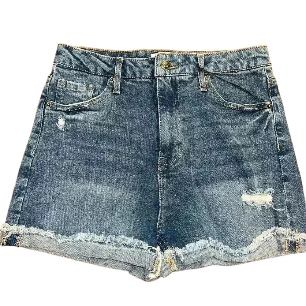 High-Waisted Distressed Denim Shorts with‎ Raw Hem Detail Medium Wash F1